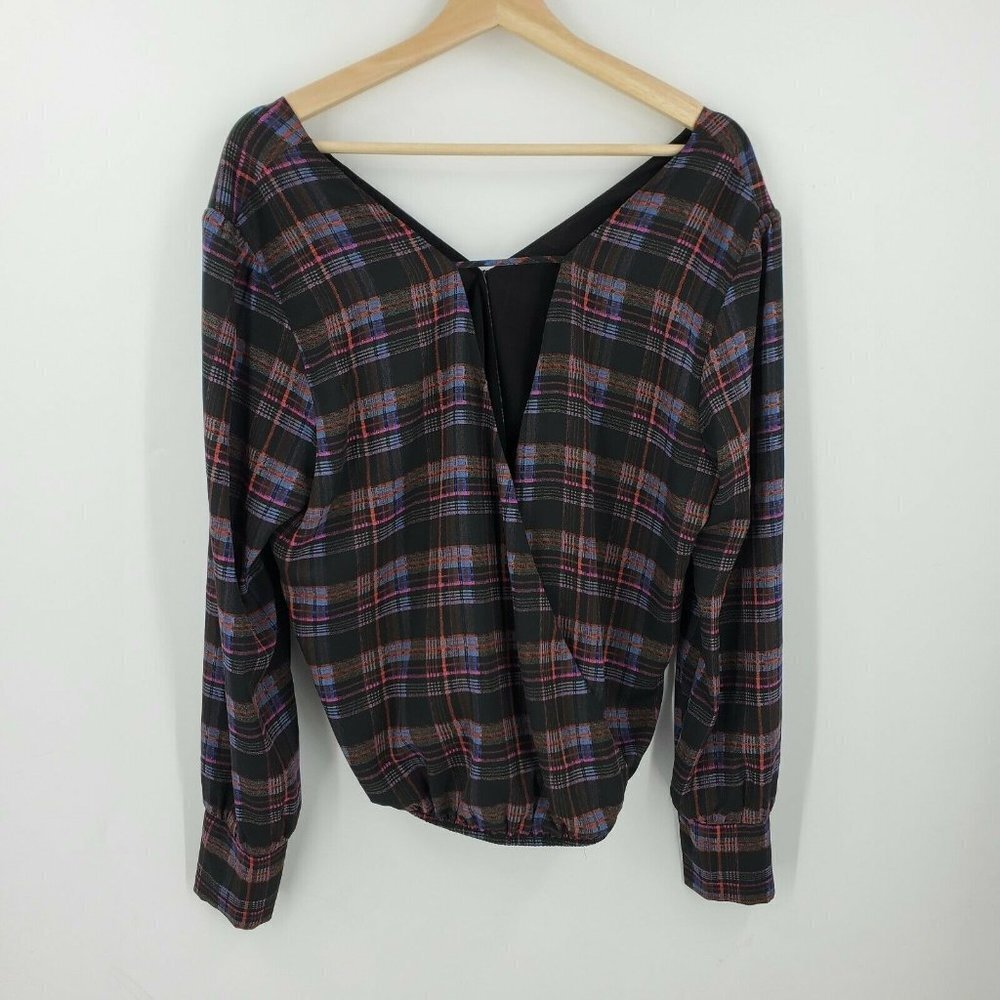 Peyton Jensen Kyra Plaid Surplus V-Neck Long Sleeve Blouse Black Size Medium